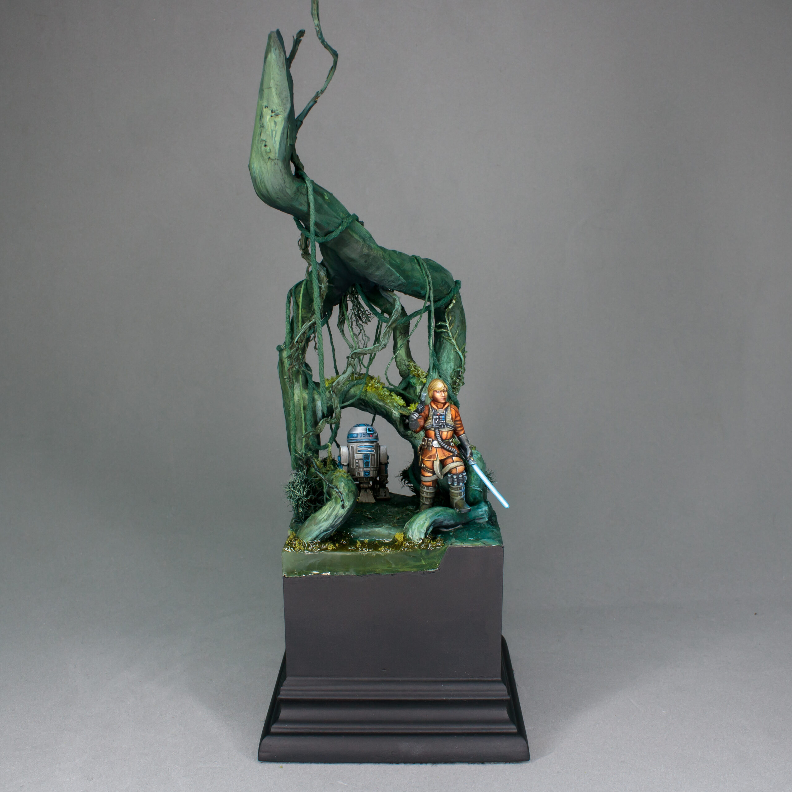 Figure of Luke Skywalker and R2D2 in Dagobah swamp.