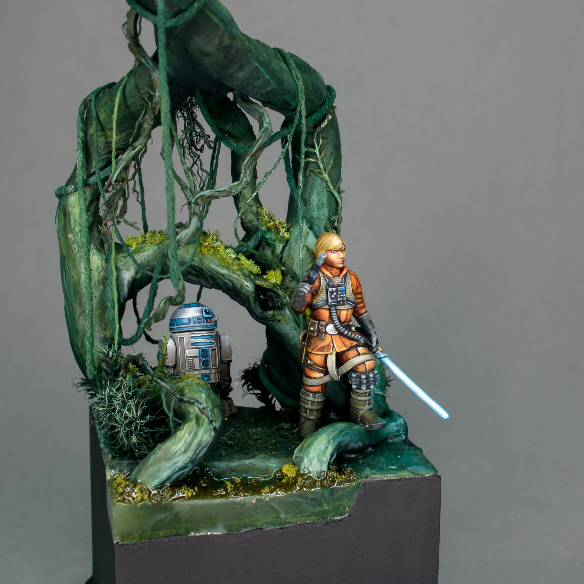 Figure of Luke Skywalker and R2D2 in Dagobah swamp.