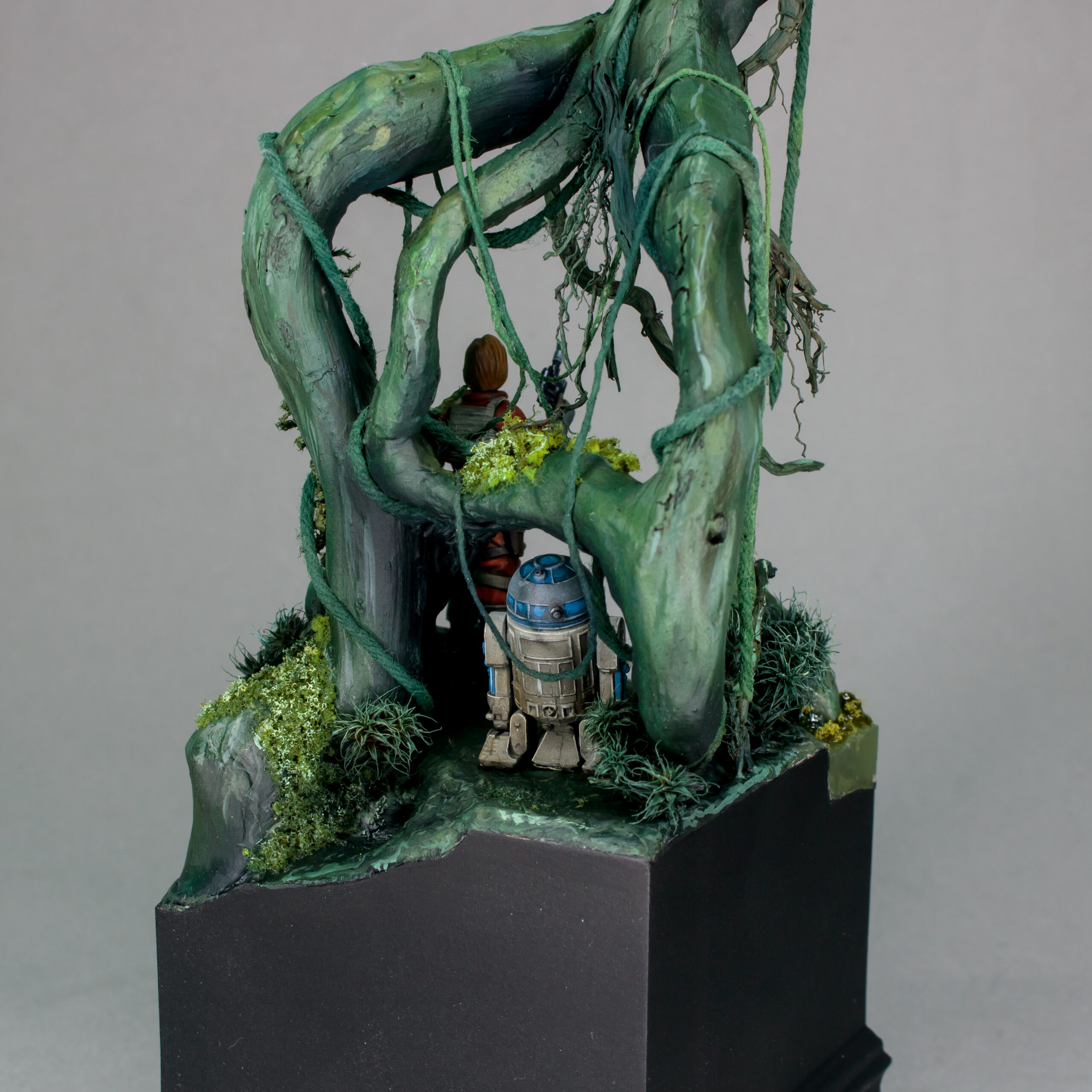 Figure of Luke Skywalker and R2D2 in Dagobah swamp.