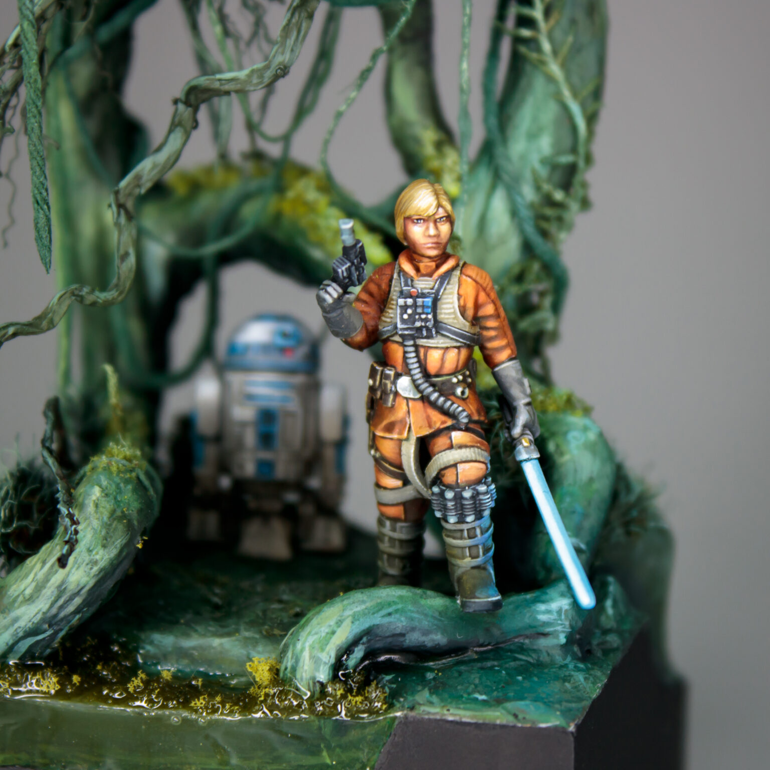 Figure of Luke Skywalker and R2D2 in Dagobah swamp.