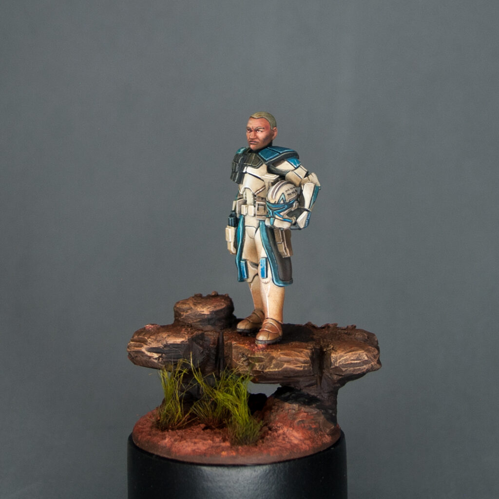 Scene with the figure of Captain Rex in a resting position after a mission.
